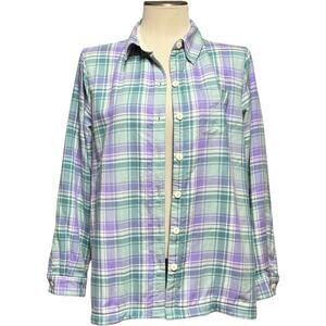 L.L.Bean Fleece Lined Button Up Shirt Shacket Purple Green Plaid Medium